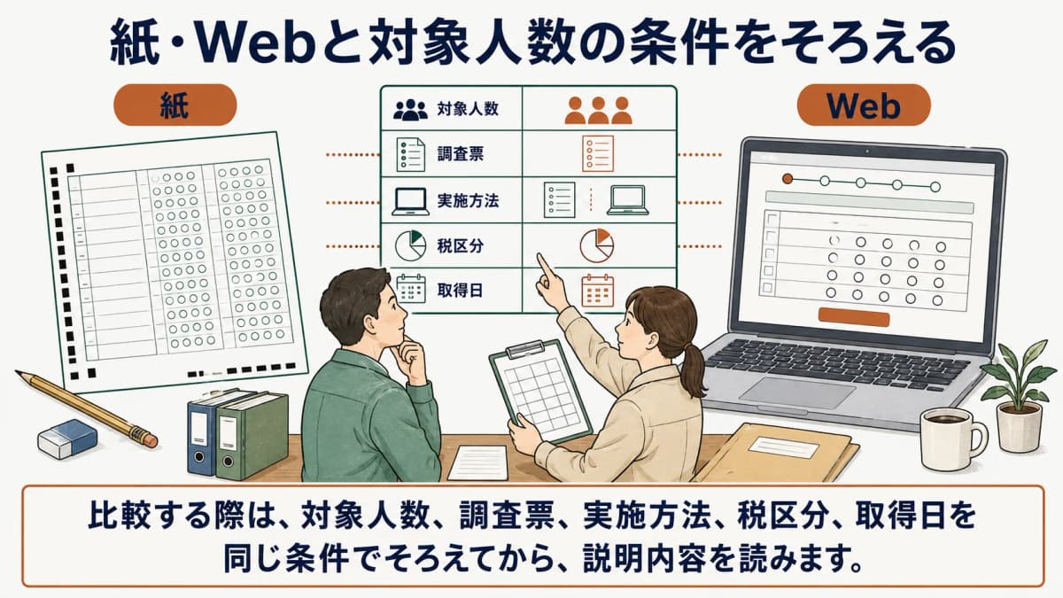紙とWebの実施条件を確認する担当者