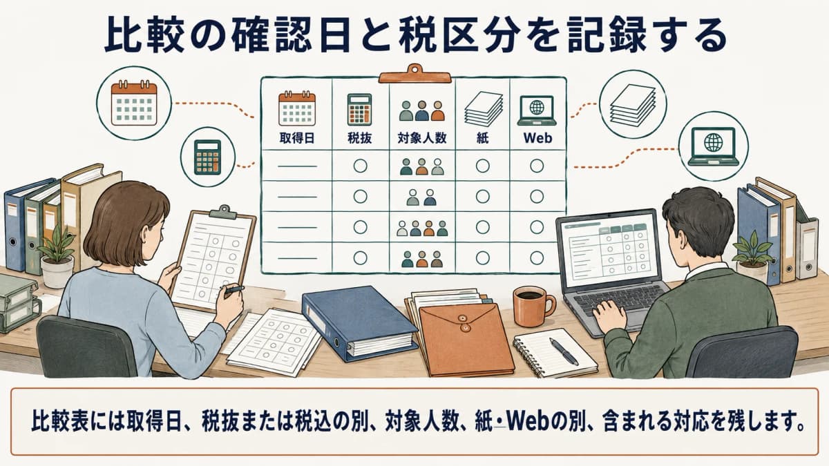 取得日と税区分を確認して費用条件を記録する担当者