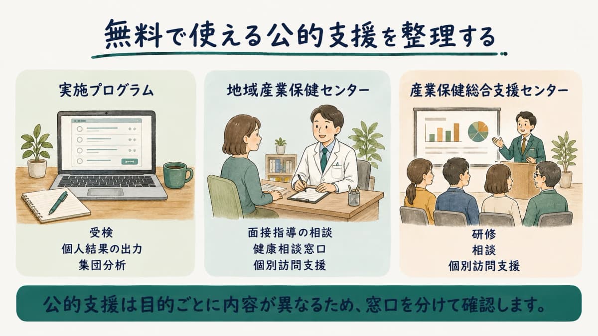 実施プログラム・地域産業保健センター・産業保健総合支援センターで確認できる範囲を整理した図