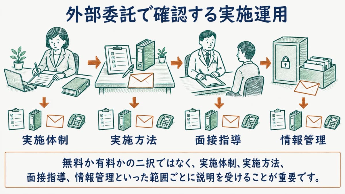 ストレスチェックの実施体制と配信回収を分けて確認する図