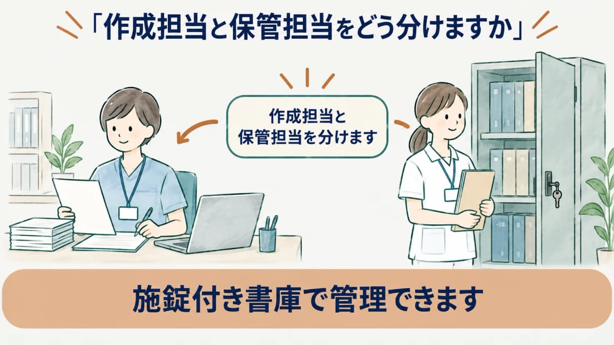 作成担当と保管担当を分ける衛生管理者のデスクと施錠付き書庫