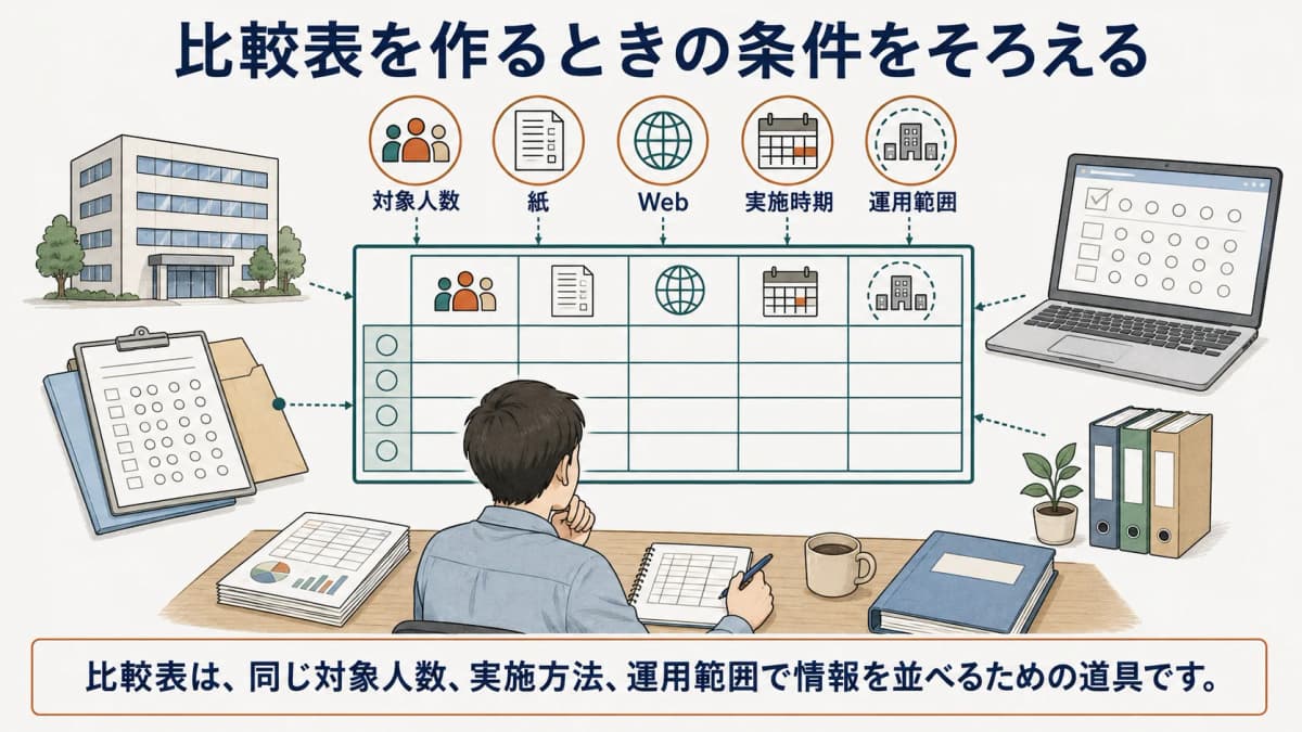 同じ条件で委託内容を比較表に整理する担当者