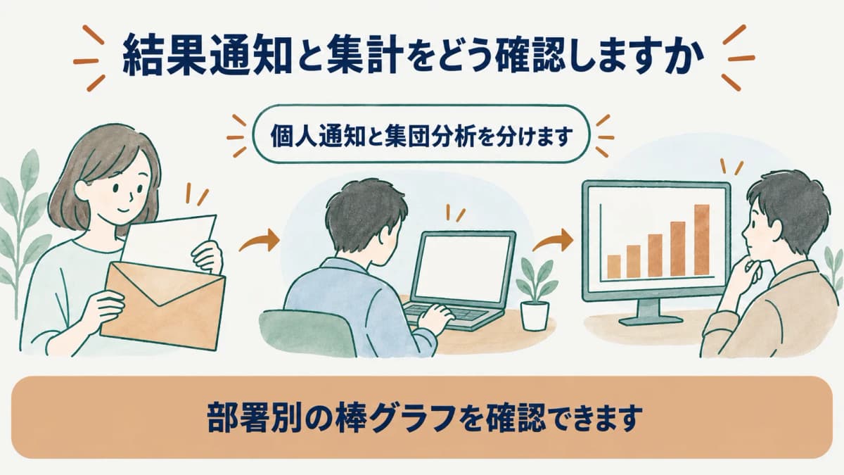 個人通知と集団分析を分ける通知封筒と部署別の棒グラフ