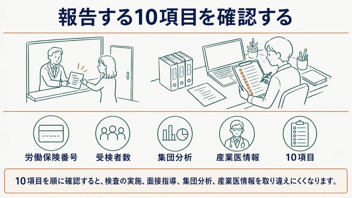 報告する10項目を三つの区分で整理する図