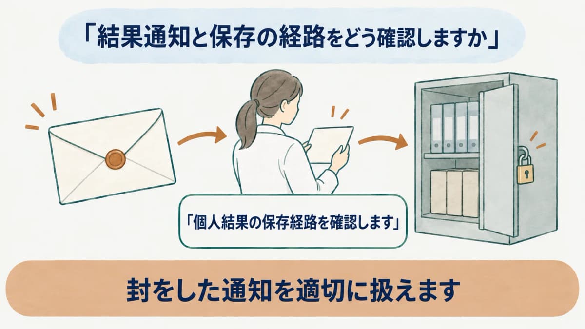 個人結果の保存経路を確認する通知封筒と施錠付き書庫