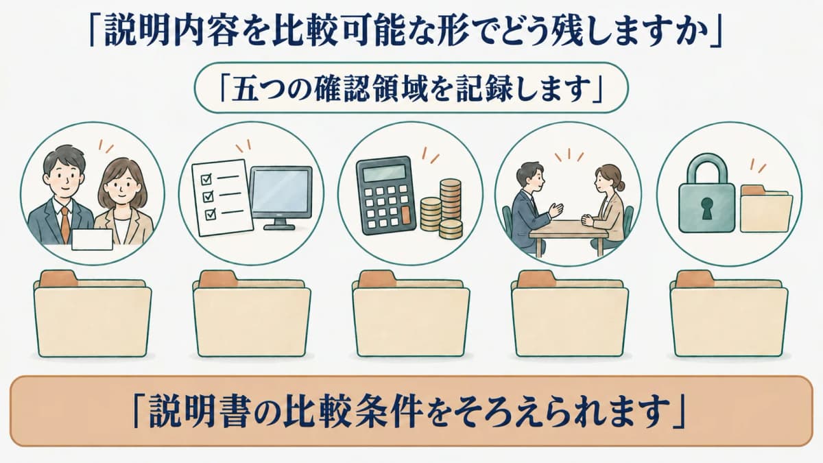 五つの確認領域を記録する説明書ファイルと確認表