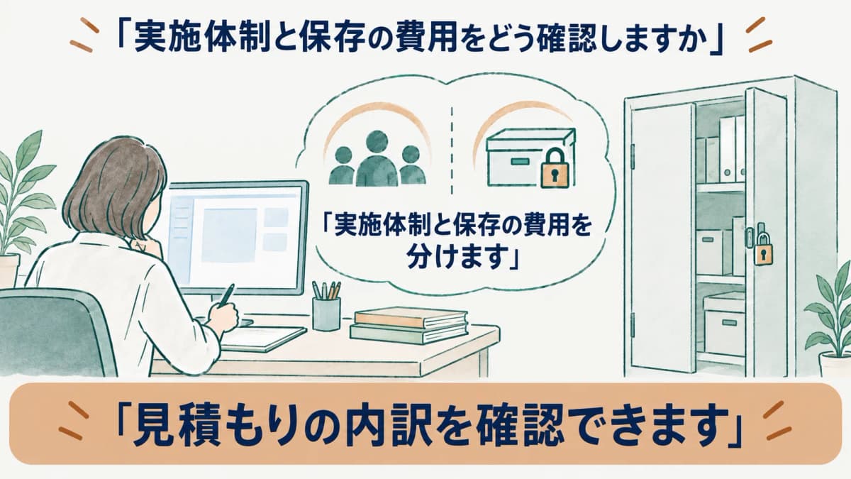 実施体制と保存の費用を分けるデスクとシステム画面