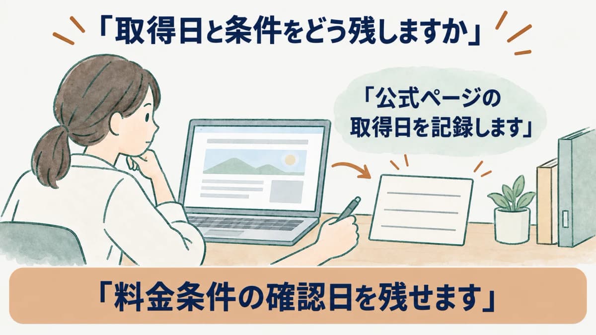 公式ページの取得日と料金条件を記録するパソコン画面